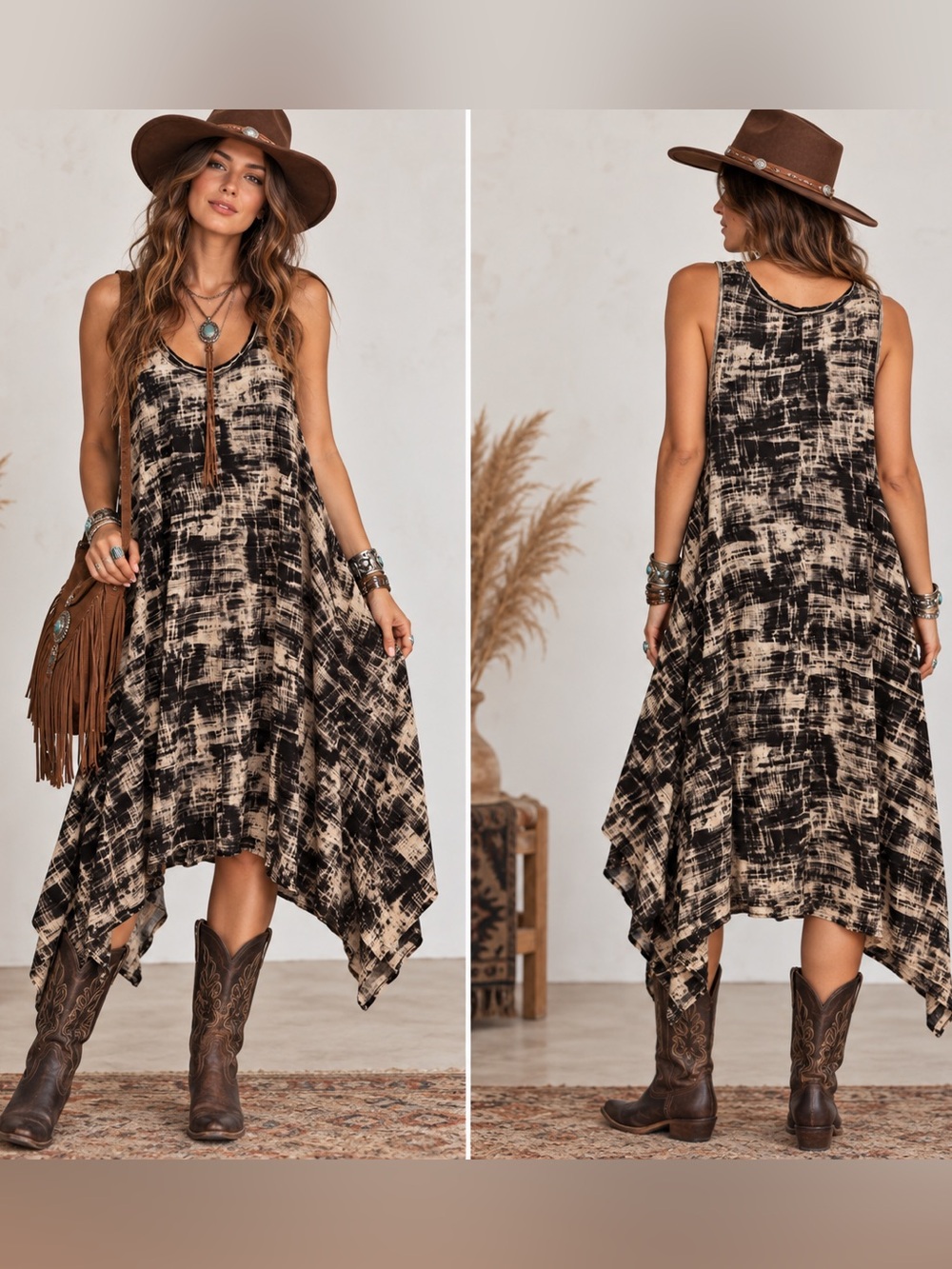Simply Vera High Low Abstract Bohemian Western 90’s Grunge Flowy Tank Dress XL